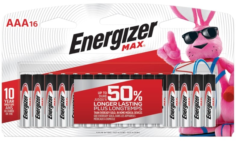 Top view of Energizer AAA batteries pack of 16 showing brand and size