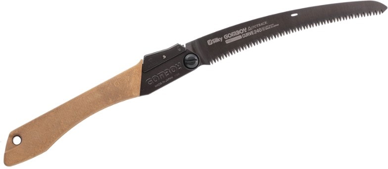 Gomboy Curve Outback saw with a curved blade, showcasing its ergonomic handle for comfortable grip.