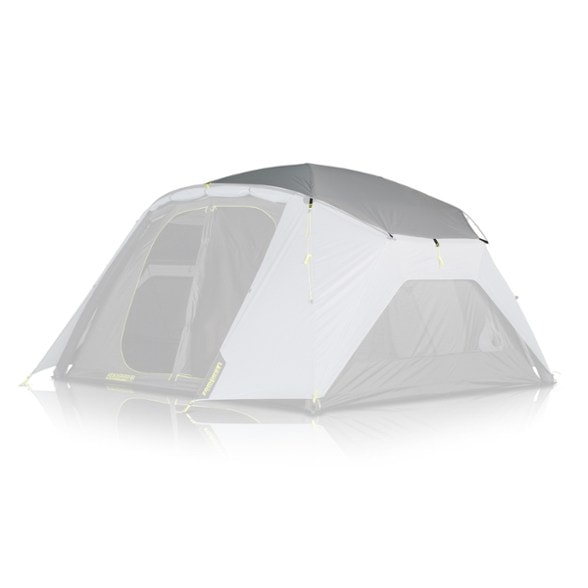 Overhead view of the installed heat shield on a UV protection tent, showing reflective silver surface and secure brow pole attachments.