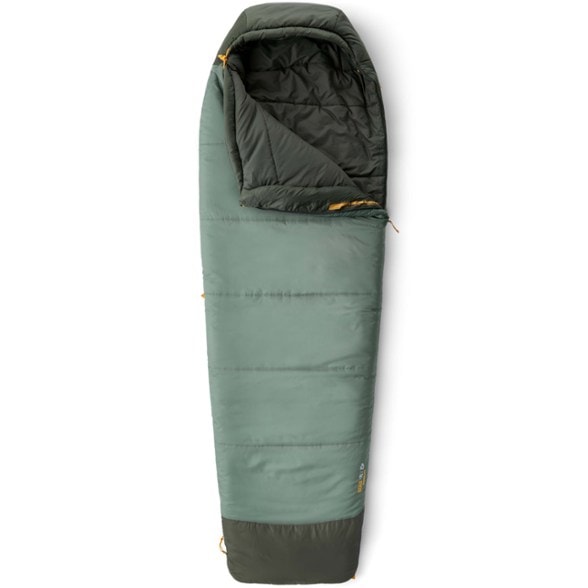 Eco Comfort 30°F synthetic sleeping bag shown in a camping setup.