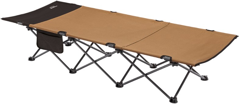 Side view of Mountain Summit Horizon folding cot showing durable camp bed with steel frame and 600-denier polyester fabric