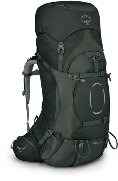 Front view of Osprey Ariel 55 women's hiking backpack with multiple compartments and adjustable straps