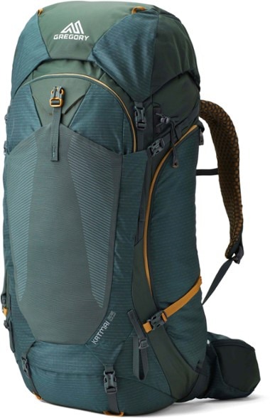 Side view of Gregory Katmai 65 Men's Hiking Backpack showcasing its adjustable harness and mesh back panel.
