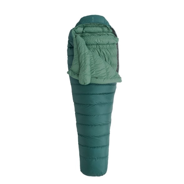 Exped Comfort 15°F sleeping bag displayed in a camping setting, highlighting its spacious design.