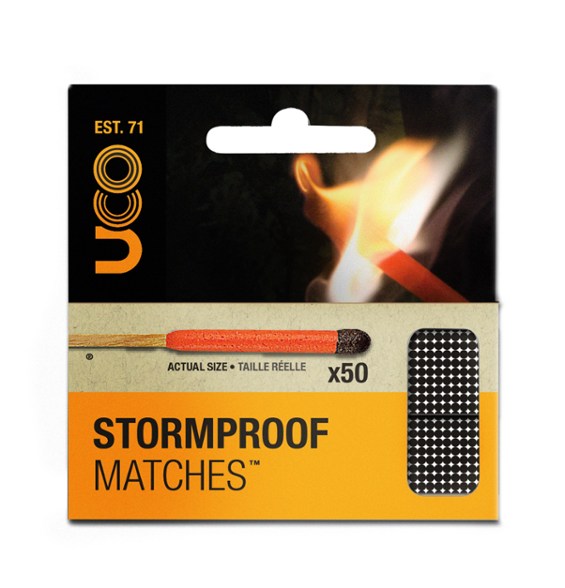 Close-up of trailguard stormproof survival matches showing waterproof head and compact size