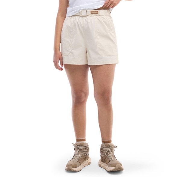 Front view of Rosalie Women's UPF Trail Shorts, highlighting the adjustable waistband and pockets.