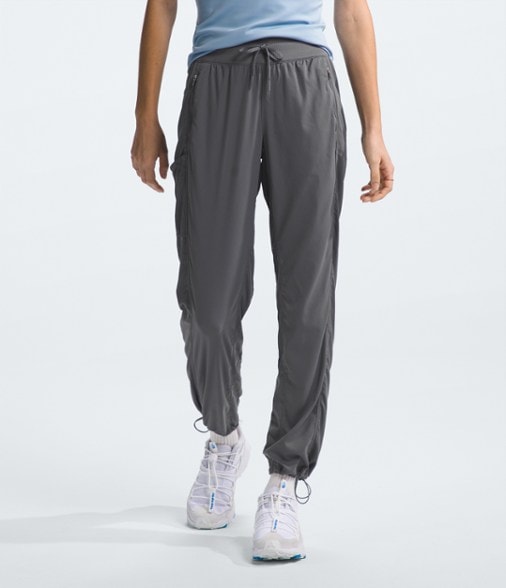 Front view of women's water-repellent pants styled for trail hiking