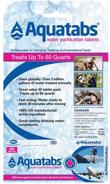 AquaShield water purification tablets for hiking in the wilderness.