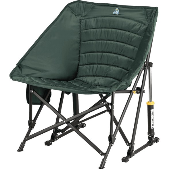 CozyRock Portable Insulated Camping Chair in use at a campsite, featuring a cup holder and phone pocket.