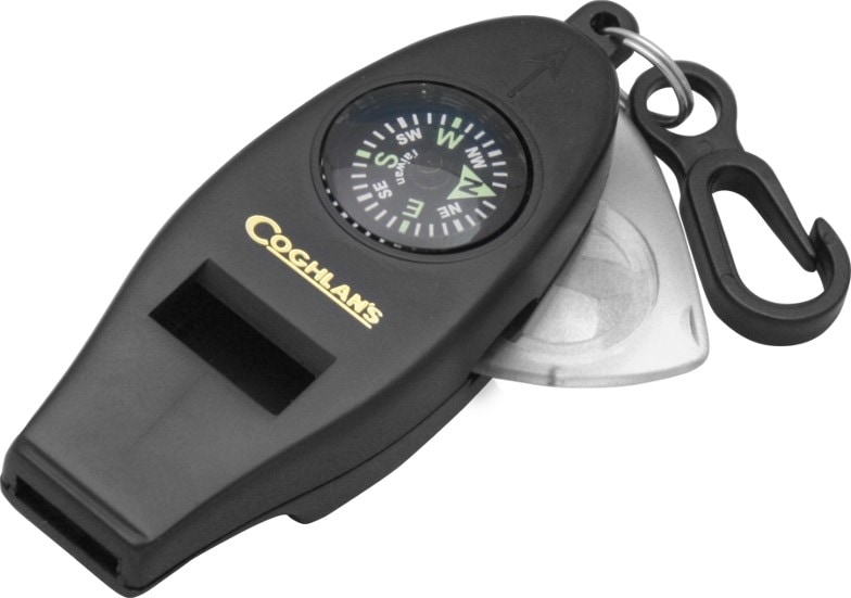 Close-up of the multi-function survival whistle showing its thermometer and compass features.
