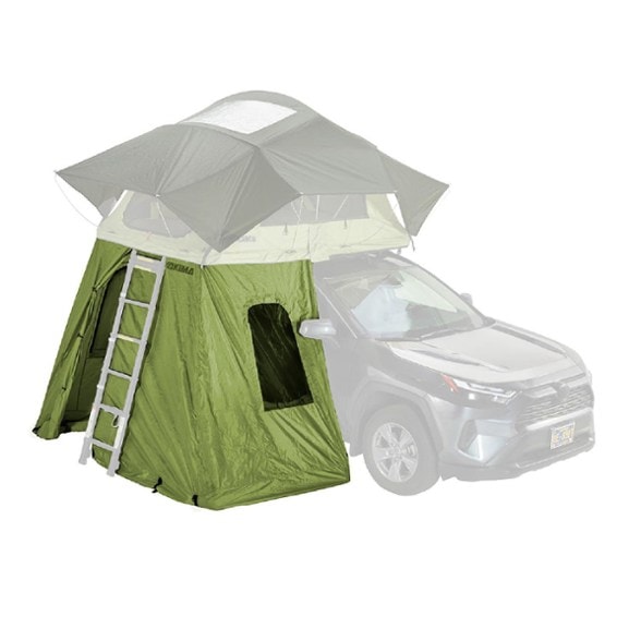 Side view of Yakima SkyRise SL Annex attached to a roof-top tent, showcasing its waterproof walls and mesh ventilation windows