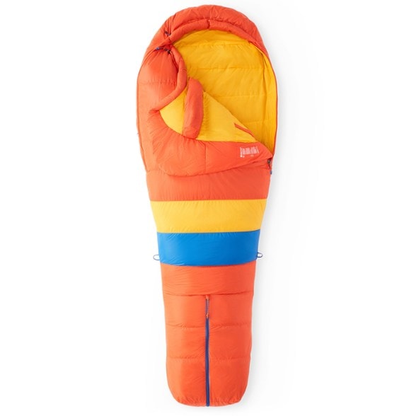 Men's sleeping bag laid out flat showing extended zipper flaps and footbox opening