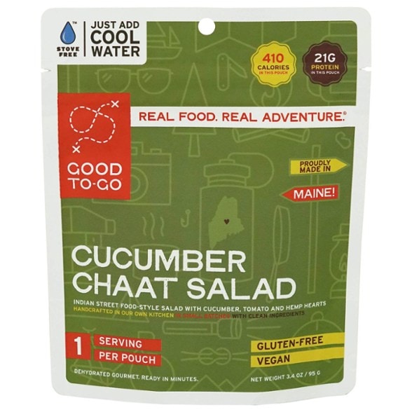 Close-up of Good To-Go Stove-Free Cucumber Chaat Salad pouch highlighting vegan meals and dehydrated meals features