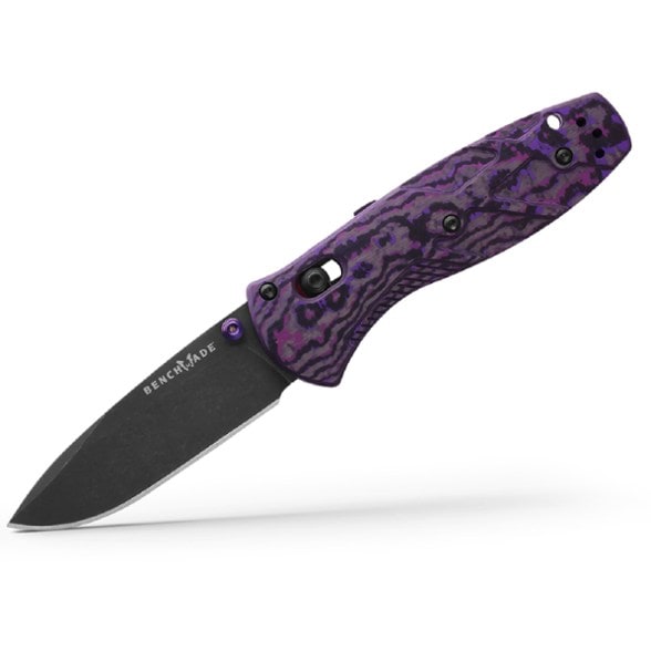 Side view of Benchmade Mini Barrage Knife showing the purple PVD accents and blade finish.