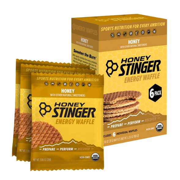 Front view of Honey Stinger 6-pack waffles, ideal as organic honey snacks for kids