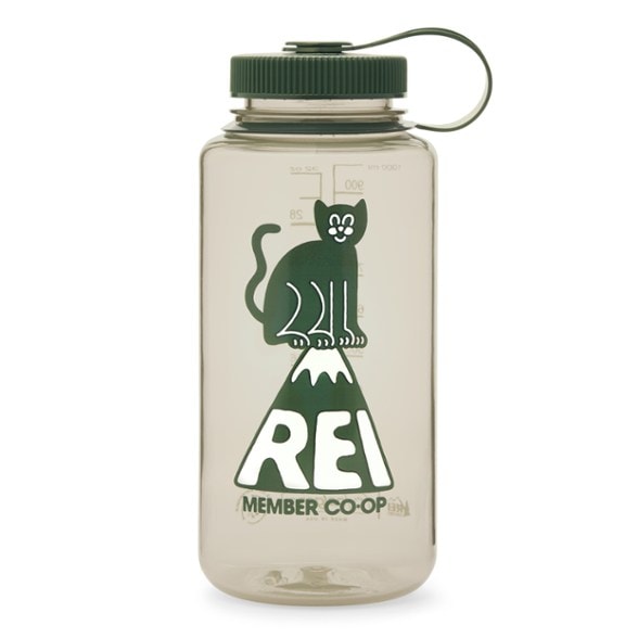 Nalgene Sustain wide-mouth water bottle with cat graphic, angled view highlighting leakproof cap and vibrant design