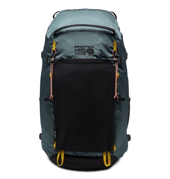 Front view of the Mountain Hardwear 35L lightweight hiking backpack showcasing its clamshell opening.