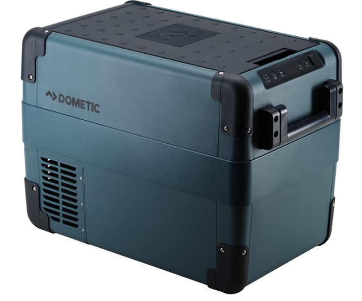 Dometic CFX2 28L powered cooler with Bluetooth control on a picnic table during a camping trip.