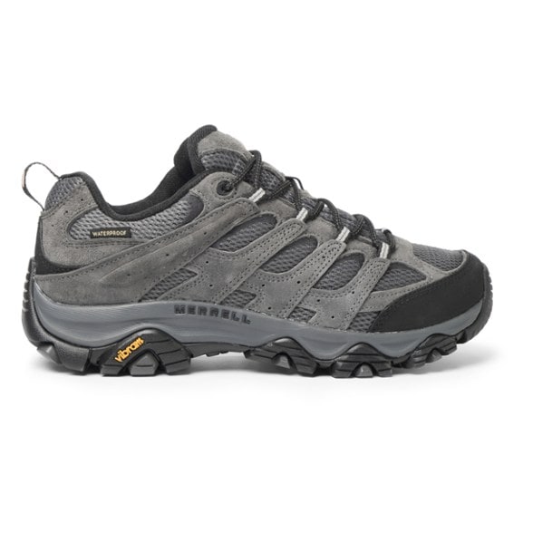 Side view of Merrell Moab 3 Waterproof Hiking Shoes showcasing the pig suede leather and mesh construction.