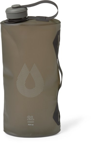 HydraPak Seeker 2L portable water jug on a camping trip, highlighting its collapsible design and sturdy handle.