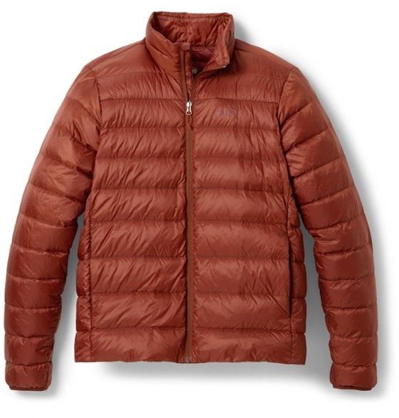Eco-friendly 650 fill power down jacket for men, displayed on a model in a winter setting.
