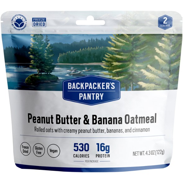 Close-up of Peanut Butter Banana Oatmeal in a bowl, ready for a hike.