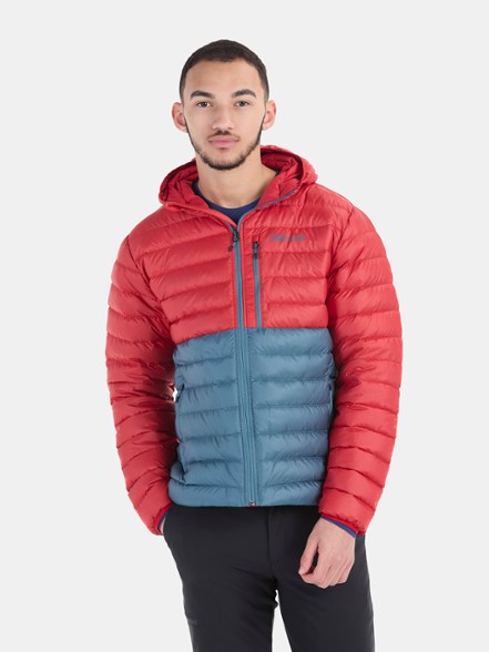 Front view of men's hoody showing the hood and zipper detail of the down jacket