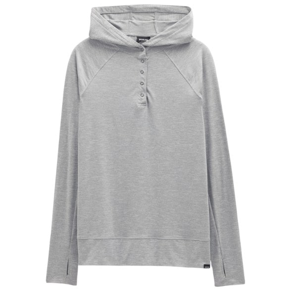 Side view of the women's hiking hoodie showcasing the hood and thumbholes for added comfort during outdoor activities.