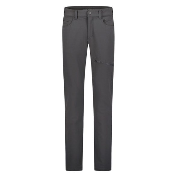 Side view of men's eco-friendly hiking pants, showcasing water-resistant fabric during a mountain hike.