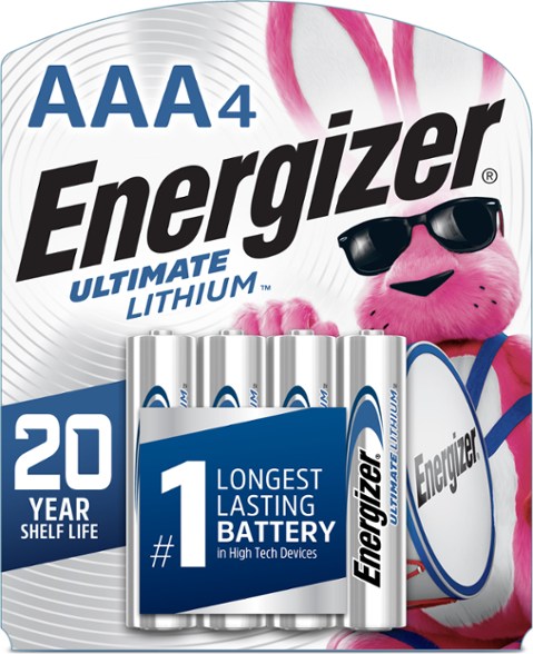 Energizer Ultimate Lithium AAA batteries displayed in a package, showcasing their long-lasting design.