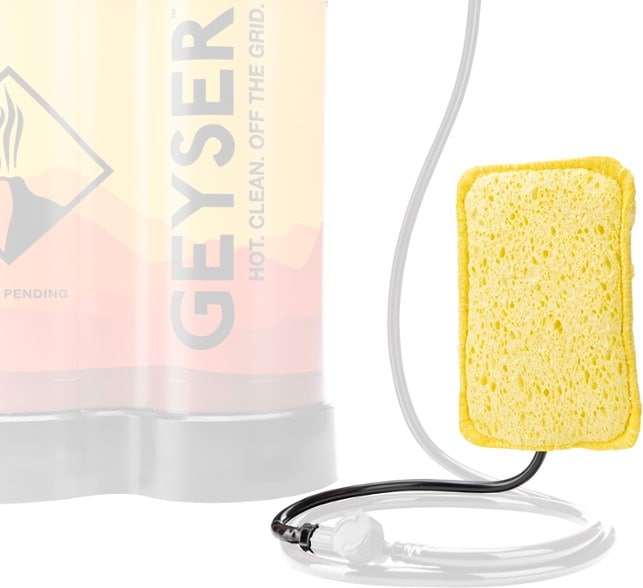 Geyser Systems Camping Scrub Sponge in bright blue, ideal for cleaning dishes during camping trips.