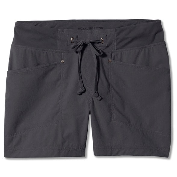 Royal Robbins Women's Jammer Shorts in action during a hike, showcasing their quick-dry fabric and comfortable fit.