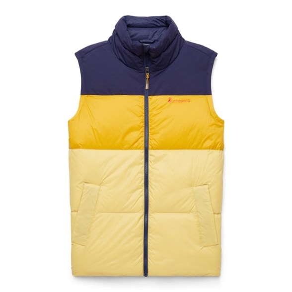 Front view of the Solazo down vest, showcasing its vibrant color and sleek design.