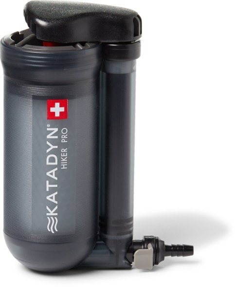 Close-up of the Hiker Pro Clear Microfilter with visible filter components and ergonomic pump handle.