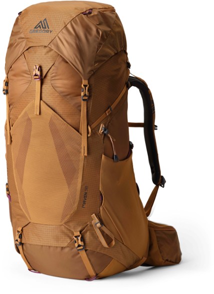 Side view of Gregory Maven 58L women's backpack showing adjustable torso and padded hipbelt designed for hiking gear comfort
