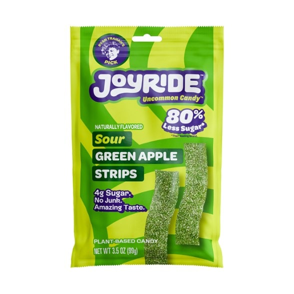 JOYRIDES Low Sugar Sour Strips - Close up view showing texture and tangy flavor of the strips