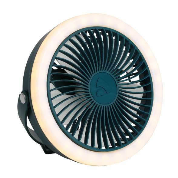 Versatile camping fan with LED light in use at a campsite