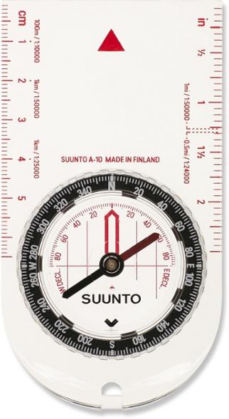 Close-up of the Suunto A-10 NH baseplate compass showing the high-grade steel needle.