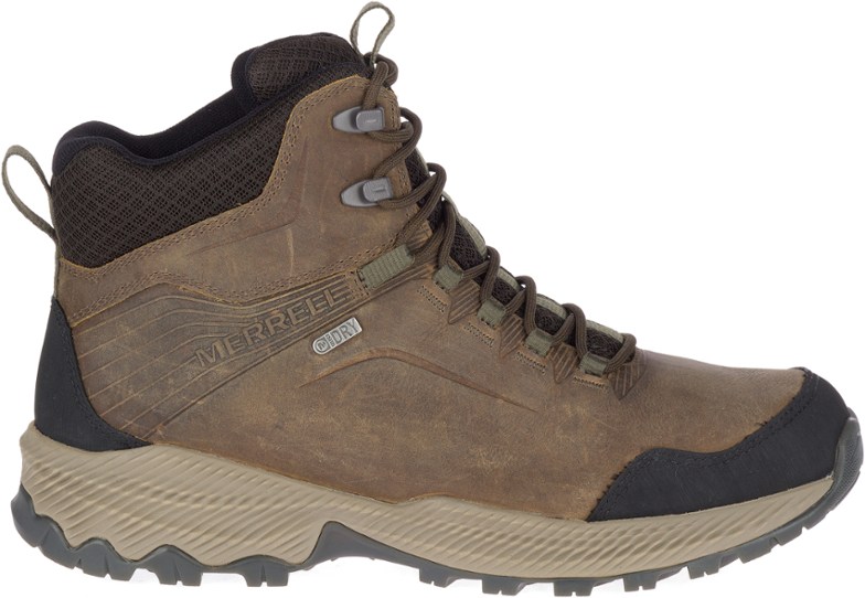 Close-up of the men's Forestbound Mid waterproof hiking boots highlighting their waterproof leather and mesh features.