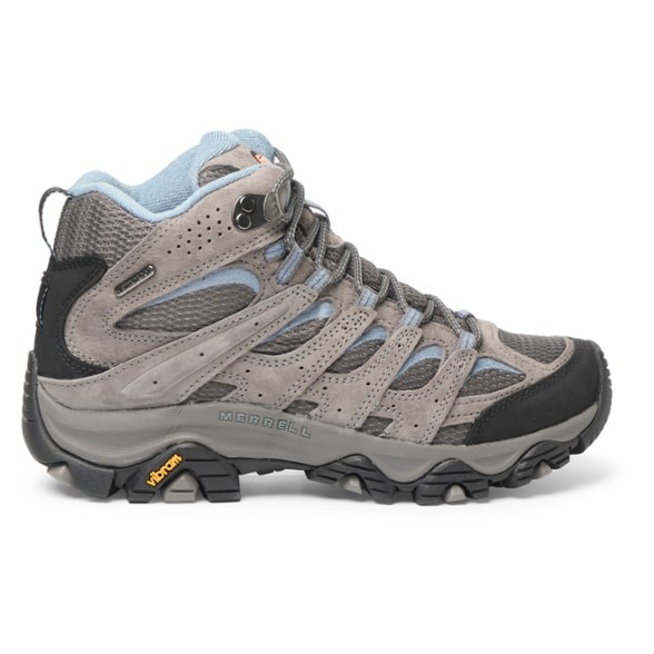 Side view of Merrell Moab 3 Mid waterproof boots showing rugged Vibram outsole ideal for outdoor hiking