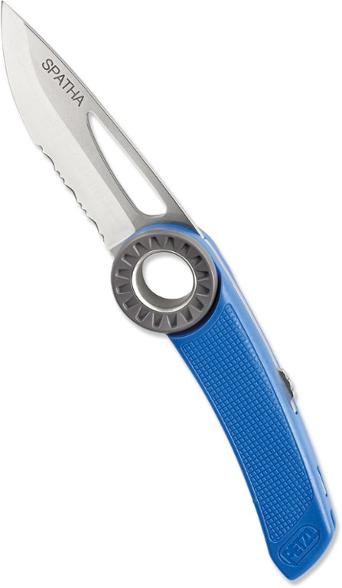 Petzl Spatha climbing knife showing the serrated blade perfect for cutting rope