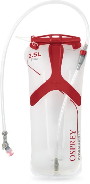 Close-up of the Osprey 2.5L hydration reservoir showing new bite valve and Slide-Seal top