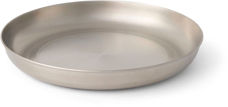 Adventure Ready Stainless Steel Camping Plate from above, showcasing its sleek design.