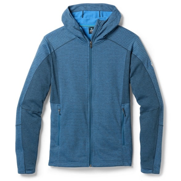 Side view of Kuhl Reactiv men's technical fleece hoodie showcasing its breathable fabric.
