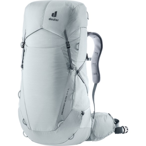Deuter UltraLite 45+5 women's hiking backpack displayed with adjustable straps and pockets.