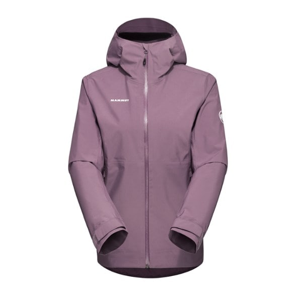 Mammut Women's packable hiking jacket showcasing adjustable hood and ventilation zippers.