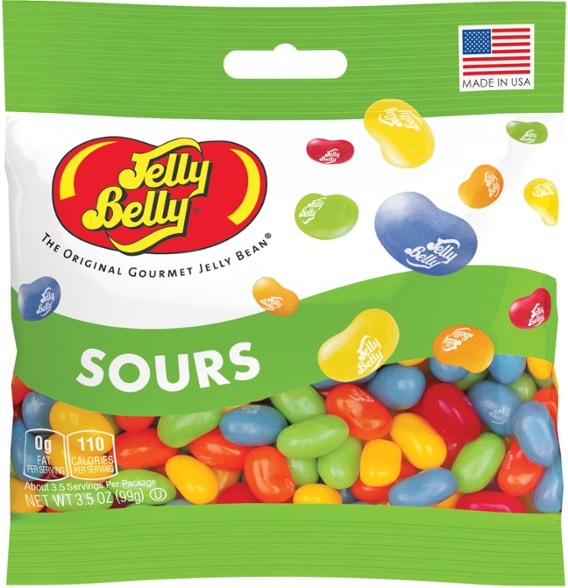 A vibrant 3.5 oz. Jelly Belly Sours bag showcasing assorted sour fruit jelly beans from different angles.