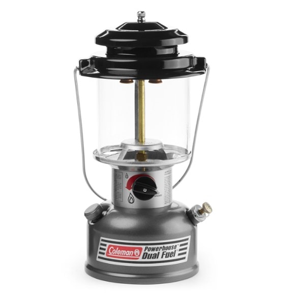 Close-up of Coleman dual fuel lantern showcasing its bright light and easy-to-use design.
