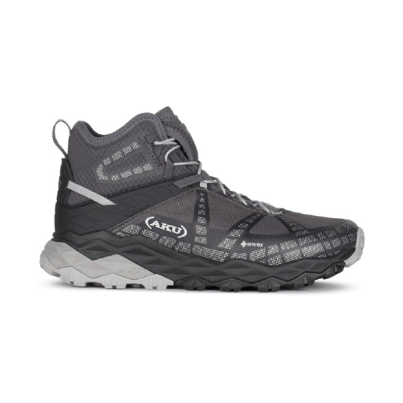 Side view of AKU Flyrock Mid GTX women's hiking boots with a focus on waterproof features.
