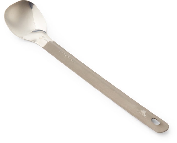 TOAKS titanium long handle spoon with polished bowl, angled view